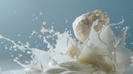 Fototapeta premium A dynamo of milk splashes around a falling dairy mound, capturing a moment of freshness and fluid grace.