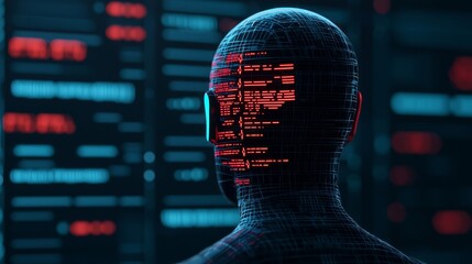 A digital humanoid figure with code projections on its head, representing artificial intelligence and data processing.