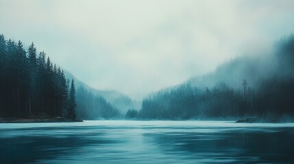 Fototapeta premium Misty pine forest landscape with lake at dawn.