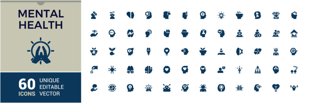 Mindfulness solid web icon set. Includes icons for anxiety, emotion, exercise, body, personal, mental, help, human. Flat UI icon design. Vector illustration.