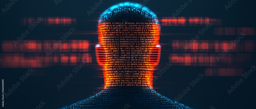 Poster a digital representation of a person's silhouette, with glowing binary code streaming in the backgro