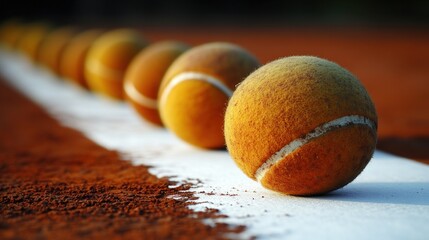 Tennis balls align perfectly on the white line of a sunlit clay court