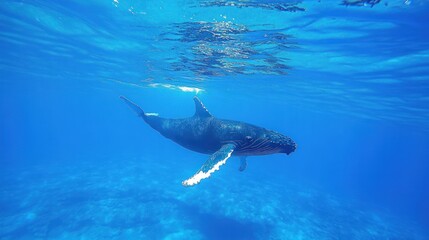 A humpback whale swims gracefully through the clear blue water of a tropical ocean.