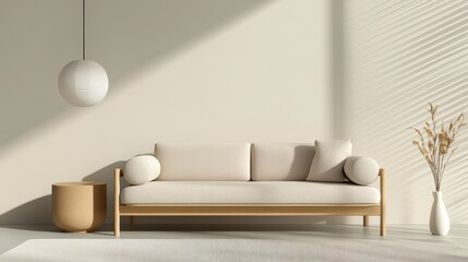 A minimalist living room with a beige-toned wooden sofa, natural light streaming in, and a simple side table. The room is decorated with a light fixture and a vase with dried flowers.