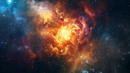 Fototapeta premium A cosmic explosion of a neutron star, set against the backdrop of the Milky Way and countless shining stars, creating a dramatic and awe-inspiring space landscape.