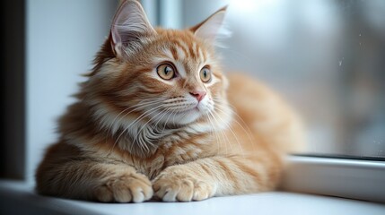 Ginger cat rests at the window, observing the world outside with a thoughtful expression