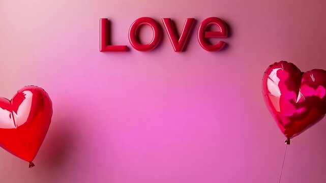 Valenitines day heart Three red and pink balloons with the word LOVE written in white letters. The balloons are arranged in a row, with the middle one slightly larger than the other two. Concept of lo