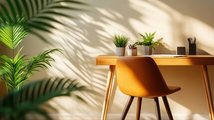 A bright and airy home office with a minimalist design featuring a wooden desk, a comfortable chair, and potted plants. The natural light streaming in creates a peaceful and inspiring workspace.