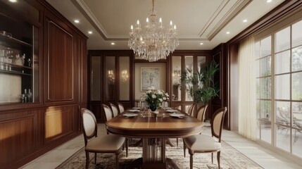 Fototapeta premium Elegant dining room with a large wooden table, chairs, and a crystal chandelier.