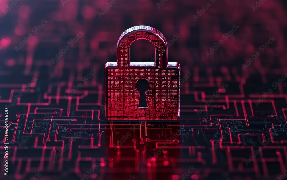 Poster a digital padlock symbolizing security over a vibrant red background with circuit patterns.