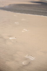 Footprints in the sand, leading to the washing water of the Gulf of Mexico in Topsail Hill Preserve, Santa Rosa Beach, Florida