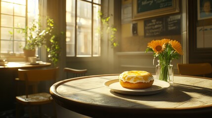 Sunlit Cafe Table with Cake and Flowers