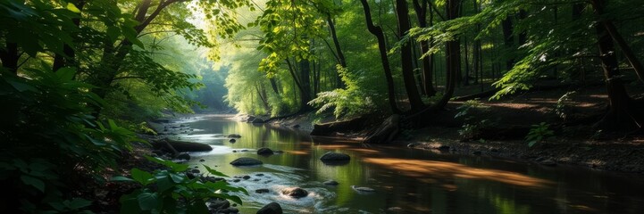 A tranquil forest scene with vibrant green leaves, flowing streams, and sunlight filtering through the trees, green, environment