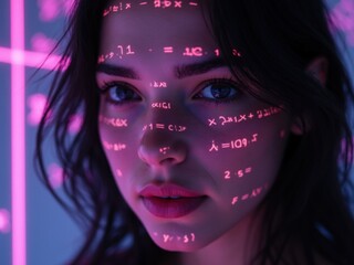Young Woman With Mathematical Equations Projected on Her Face, Illuminated by Pink Light in a Modern Setting During Evening Hours