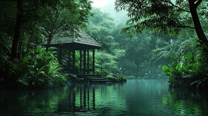 Fototapeta premium A tranquil scene depicting a lush, green forest surrounding a small gazebo by a serene body of water. The gazebo, made of dark wood with a thatched roof, sits slightly elevated on steps leading from t