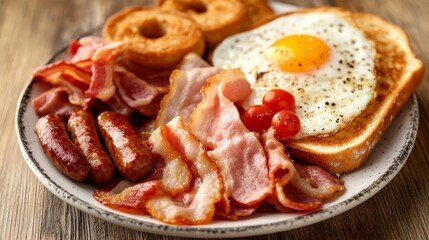 Delicious English Breakfast with Bacon  Sausage  Eggs  and Toast