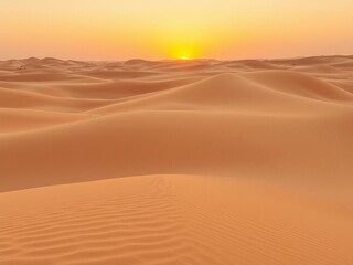 A stunning sunset over a vast desert landscape with sand dunes and cacti, hot, sunset