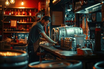 Fototapeta premium Bartender working behind a bar, pouring beer from a keg.