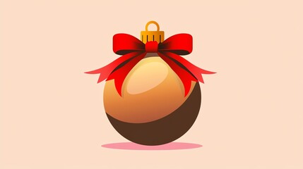 A festive ornament with a shiny surface, adorned with a red ribbon, perfect for holiday decorating.