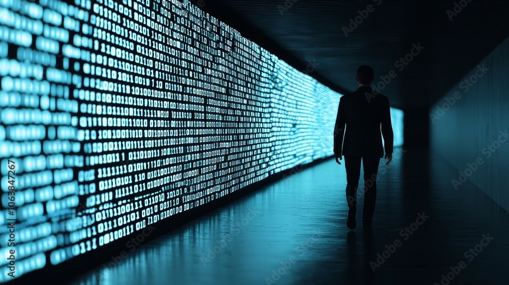 Aufkleber a silhouette of a person walking through a futuristic hallway illuminated by glowing data patterns.
