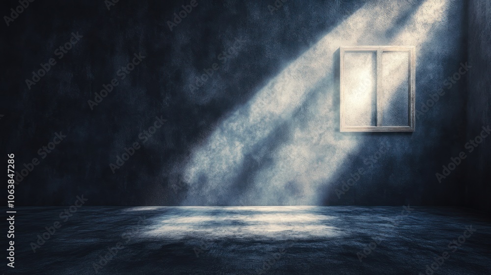 Poster a dimly lit room with a window casting light, creating a serene atmosphere.