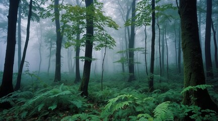 Obraz premium A mystical autumn forest shrouded in morning fog