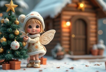 Cute elf girl decorating Christmas tree in winter wonderland near cozy cabin for holiday card