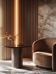 A cozy interior featuring a modern chair and table with warm lighting and textured walls.