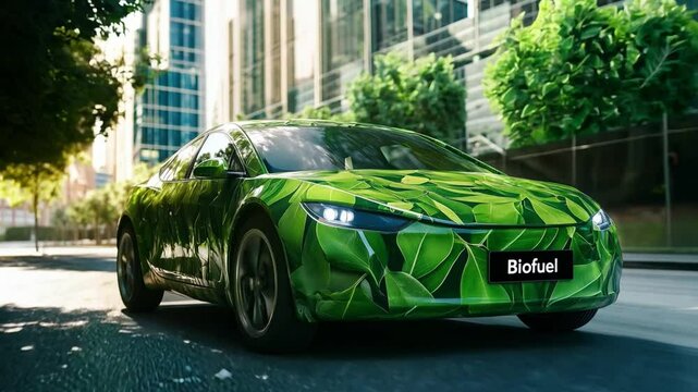 Eco-friendly car wrapped in green leaf design driving through a modern city in bright sunlight
