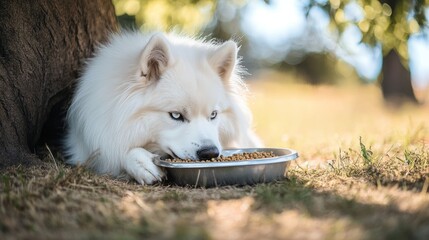 white samoyed dog eating food in the park
