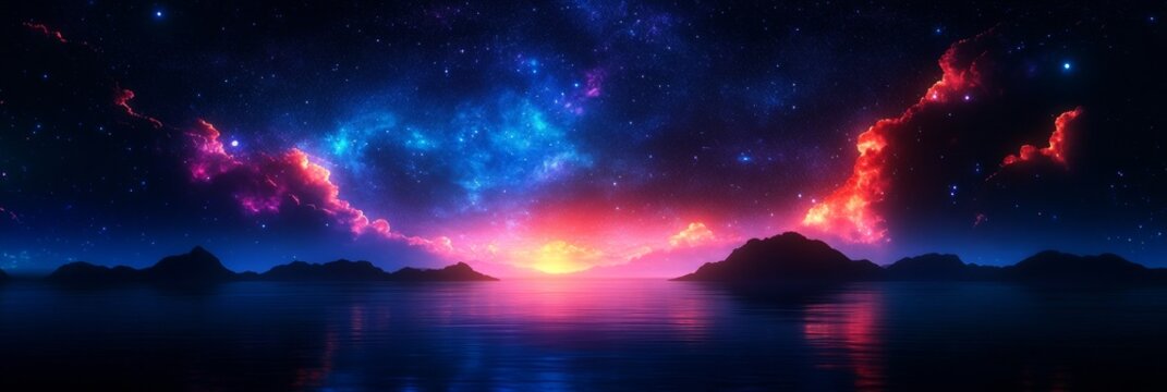 A stunning futuristic fantasy landscape with vibrant stars, mountains, and a serene lake, symbolizing the vastness of the cosmos, the majesty of nature, the allure of the unknown, and the power of ima