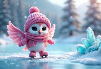 Cute baby snowy owl skating on ice with joy in winter scenery