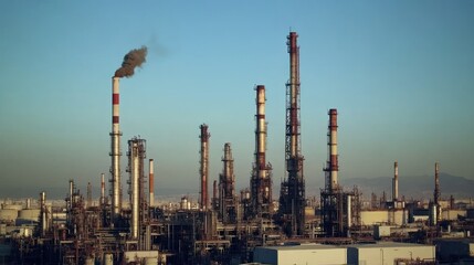 Obraz premium An industrial complex with tall smokestacks emitting smoke into the air.