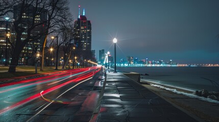The waterfront promenade is lined with street lamps creating a dramatic contrast with the moving car light trails.