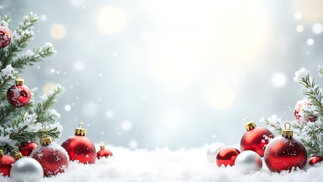A snowy white backdrop features festive Christmas ornaments and decorations in a joyful winter scene of holiday cheer and celebration