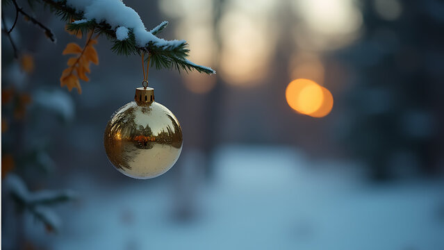 A solitary golden Christmas ornament hangs delicately suspended from a single string in a quiet winter evening atmosphere