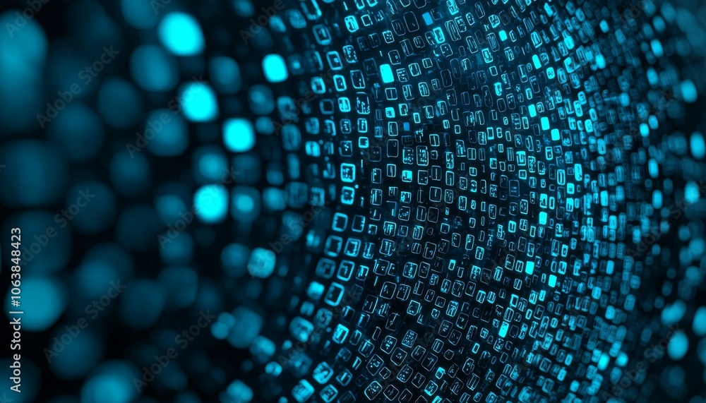 Poster abstract digital background with glowing blue binary code patterns in a swirling motion.
