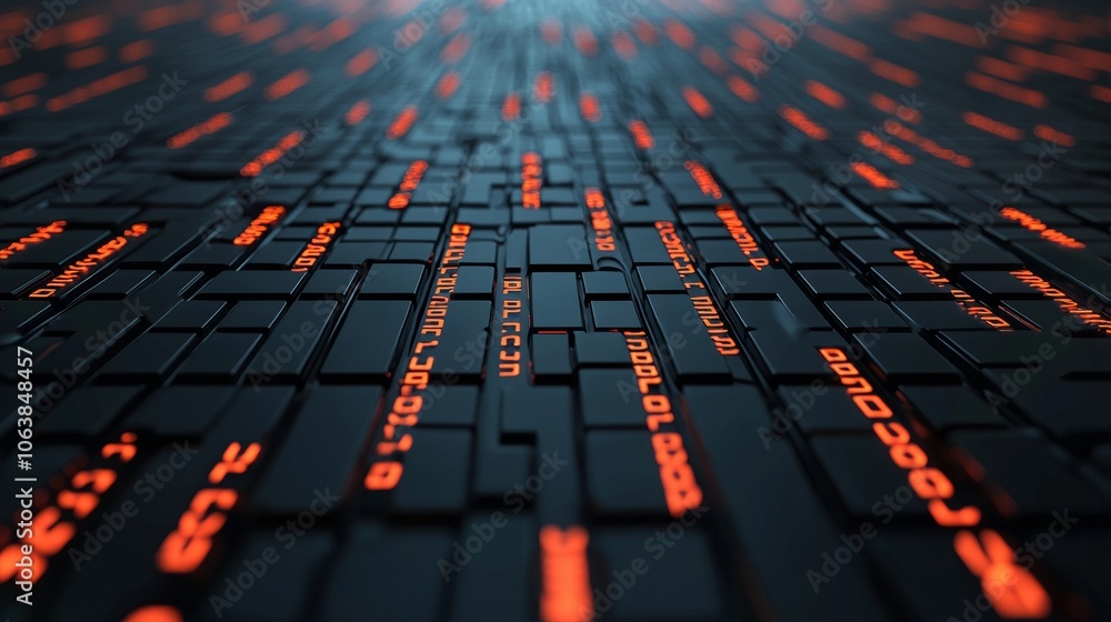 Poster abstract digital background with glowing orange text elements on a dark surface, creating a futurist