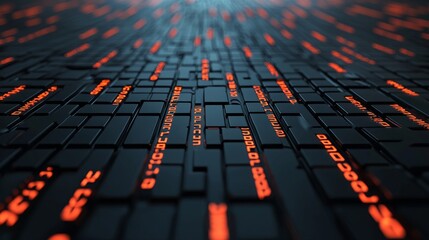 Obraz premium Abstract digital background with glowing orange text elements on a dark surface, creating a futuristic and dynamic atmosphere.