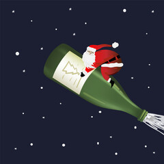 Christmas cartoon card with funny Santa is flying on a bottle of champagne, vector illustration