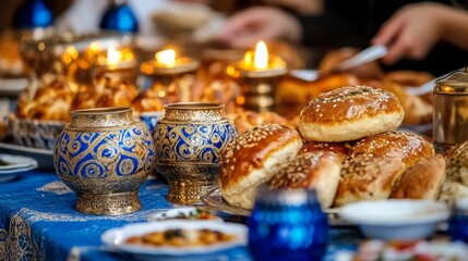 Traditional Middle Eastern Bread  Pottery  and Candlelight on a Table Setting