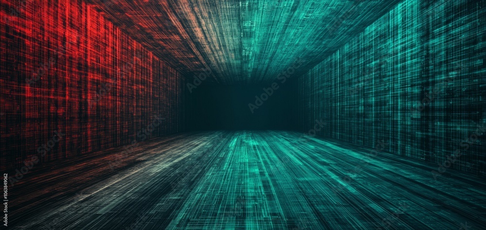 Poster abstract digital tunnel with red and teal glowing lines, creating a futuristic atmosphere.