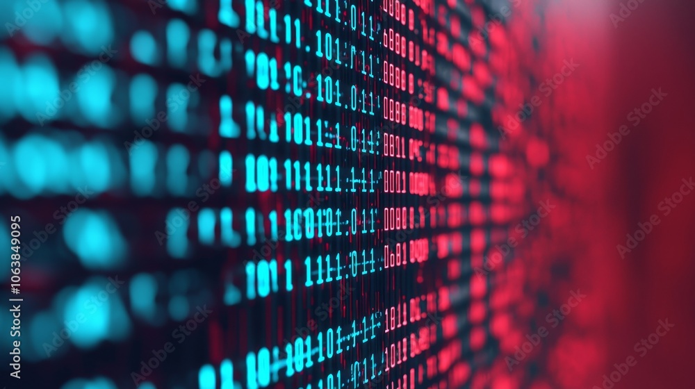 Poster abstract digital data background with glowing binary code in vibrant colors.
