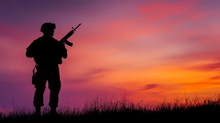 colorful sunset with soldier silhouette holding rifle