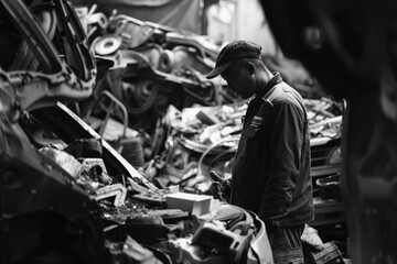 A man in a junkyard looking at the pile of scrap cars.