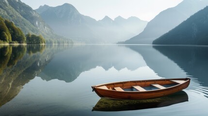 Obraz premium A wooden boat floats peacefully on a glassy lake, surrounded by towering mountains that mirror on the pristine water's surface.