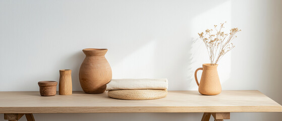Natural decor with pottery and dried flowers on wooden table, creating serene and minimalist atmosphere