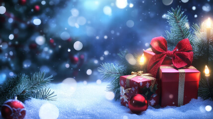 Obraz premium Beautifully Wrapped Christmas Gift Box.Festive Christmas Gift Boxes Background with Holiday Sparkle.