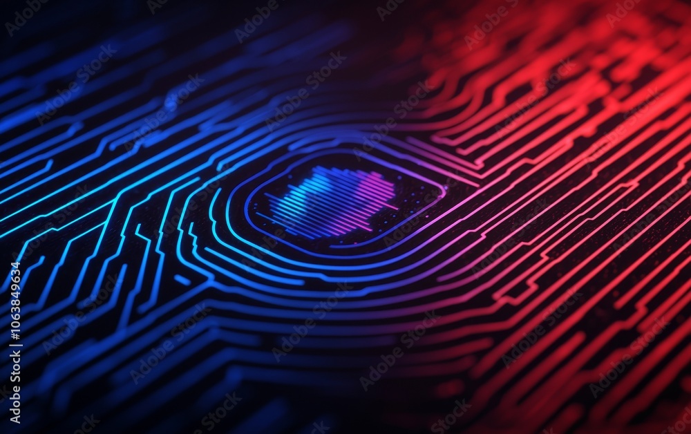 Poster abstract technology background with vibrant blue and red circuit patterns and a central fingerprint 