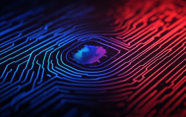 Abstract technology background with vibrant blue and red circuit patterns and a central fingerprint sensor.